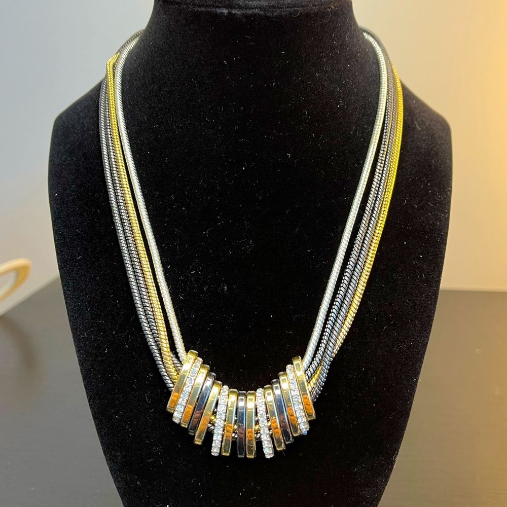 Nine West Multi-Tonal Slider Necklace with Gold, Silver and Gunmetal col…